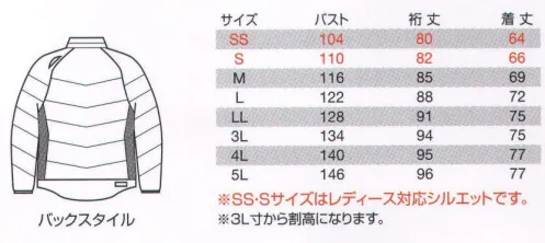 バートル 7310 防寒ジャケット 軽くて温かくて格好いい！！これが防寒スタイルの進化系。軽量・防風・保温設計。裏地背面に保温素材マイクロフリースを使用。男女ユニセックスシリーズ。●スタイリッシュに防寒対策。ダウンジャケットをモチーフにワーキングアイテムへと進化させたNEWモデル。高い機能性と洗練デザインは、企業ユニフォームからスタイルにこだわる個人ワーカーのみなさまにも自信をもってご提案できます。●女性専用デザインを採用。ユニセックス対応のサイズ展開。女性サイズには専用デザインを採用し、男女ともに美しいシルエットを実現しました。※「18 コディアック」「86 レッド」は、販売を終了致しました。 サイズ／スペック