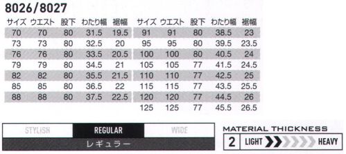 バートル 8026 ワンタックカーゴパンツ ガンガン洗える！快適に着れる！縮みシワにも強さを発揮する綿100％ギア高品質な日本製綿ライトチノ素材を使用。優れた防縮性・防シワ性。※ウエスト125cmは「8026-125」に掲載しております。※「36 スティール」は、販売を終了致しました。 サイズ／スペック