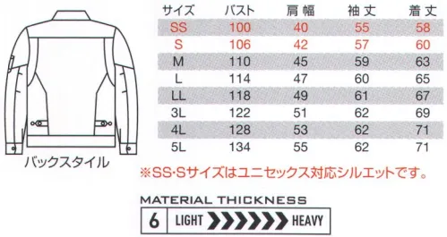 バートル 8101 ジャケット 綿の耐久性を高めた高密度ツイル新採用！ハード環境でタフに機能する！！耐久性重視の高密度ツイル素材を使用。製品洗い加工による優れた防縮性。やや細身でスタイリッシュなレイザーシルエット。男女ユニセックスシリーズ。 サイズ／スペック