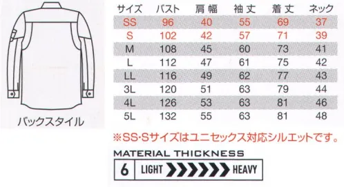 バートル 8105 長袖シャツ 綿の耐久性を高めた高密度ツイル新採用！ハード環境でタフに機能する！！耐久性重視の高密度ツイル素材を使用。製品洗い加工による優れた防縮性。やや細身でスタイリッシュなレイザーシルエット。男女ユニセックスシリーズ。 サイズ／スペック