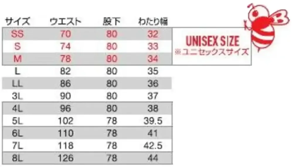 バートル 8302 カーゴパンツ（ユニセックス） サイズ・スペック