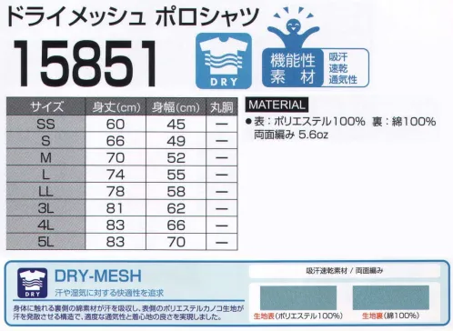 LSTワールド 15851-A ドライメッシュ ポロシャツ 吸汗速乾性に優れ、着心地爽やか。 スポーツ、ユニフォームなど様々なシーンで対応します。ドライ～DRY-MESH～:汗や湿気に対する快適性を追及。身体に触れる裏側の綿素材が汗を吸収し、表側のポリエステルカノコ生地が汗を発散させる構造で、適度な通気性と着心地の良さを実現しました。※旧品番の「15851」は、全カラー12色の新品番「15851-A」・「15851-B」に変更となりました。※この商品はご注文後のキャンセル、返品及び交換が出来ませんのでご注意くださいませ。※なお、この商品のお支払方法は、先振込（代金引換以外）にて承り、ご入金確認後の手配となります。 サイズ／スペック