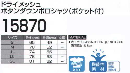 LSTワールド 15870 ドライメッシュ ボタンダウンポロシャツ（ポケット付） クールビズで仕事中も快適。※この商品はご注文後のキャンセル、返品及び交換が出来ませんのでご注意くださいませ。※なお、この商品のお支払方法は、先振込（代金引換以外）にて承り、ご入金確認後の手配となります。 サイズ／スペック