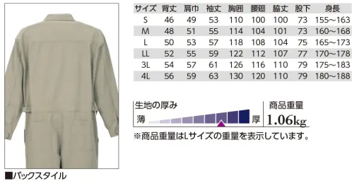 クレヒフク 115 ヘリンボーンツナギ バイオウォッシュ加工で製品に洗いをかけ、生地に風合いを持たせています。素材には強度のあるヘリンボーンを使用しハードワークにも最適なアイテム。※「11カーキ」「73 カラシ」は、販売を終了致しました。 サイズ／スペック