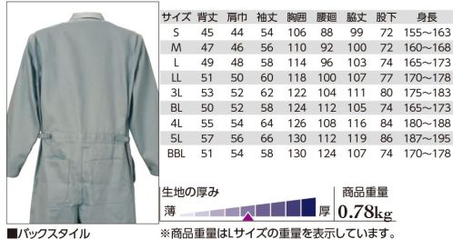 クレヒフク 610 長袖ツナギ  サイズ表