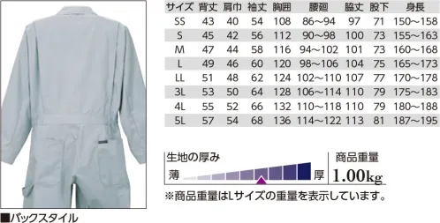 クレヒフク 619 BULE CAT長袖ツナギ アメリカン・ワークスタイル。腰から裾に向かって広がるようなシルエットが特徴的な、アメリカンカジュアルシルエットのツナギ。強度を高めています。金属ファスナーや隠しドットボタンなど、細部にまでこだわったアイテム！！※「11 カーキ」、「40 ホワイト」、「50 グリーン」、「60ブラウン」は、販売を終了致しました。 サイズ／スペック