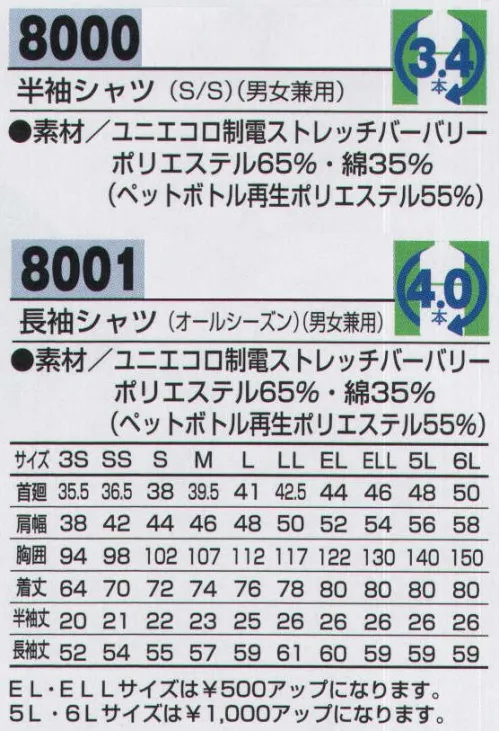 アルトコーポレーション 8000 半袖シャツ しなやかな動きは心地よさにあふれ、ハードな状況でも力を発揮するタフなヤツ。優れた伸縮性、制電性の地球に優しいエコ商品。ストレッチ素材なので動きやすく快適です。地球に優しい再生繊維を使用したエコ対象商品です。T8118の静電気帯電防止作業服基準に適合した商品なので、静電気も少なく安心です。●エコ制電ストレッチバーバーリー。ストレッチ素材なので動きやすく快適です。地球に優しい再生繊維を使用したエコ対象商品です。裏側に導電性繊維「メガIII」を使用。優れた導電性によって生地が静電気を帯びるのを防止します。T8118の静電気帯電防止作業服基準に適合した商品なので、静電気も少なく安心です。 サイズ／スペック