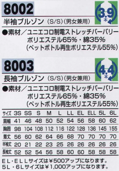 アルトコーポレーション 8002 半袖ブルゾン しなやかな動きは心地よさにあふれ、ハードな状況でも力を発揮するタフなヤツ。優れた伸縮性、制電性の地球に優しいエコ商品。ストレッチ素材なので動きやすく快適です。地球に優しい再生繊維を使用したエコ対象商品です。T8118の静電気帯電防止作業服基準に適合した商品なので、静電気も少なく安心です。●エコ制電ストレッチバーバーリー。ストレッチ素材なので動きやすく快適です。地球に優しい再生繊維を使用したエコ対象商品です。裏側に導電性繊維「メガIII」を使用。優れた導電性によって生地が静電気を帯びるのを防止します。T8118の静電気帯電防止作業服基準に適合した商品なので、静電気も少なく安心です。●アウトポケット。ファスナー付きサブポケット付。小物の収納に便利。プリーツ入り。●携帯電話用ポケット。内側に携帯電話用ポケット。出し入れスムーズ。●片玉縁脇ポケット。出し入れの多いポケット口をしっかり補強。●裾シャーリング。裾にフィット感のある脇ゴム入り。●背ノーフォーク。背の張りをなくし、腕と肩の動きがスムーズ。●袖ペン差し。●内ポケット（左内側）。 サイズ／スペック