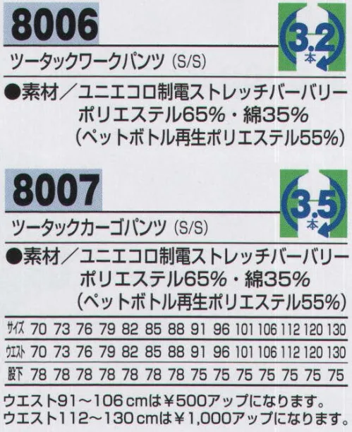 アルトコーポレーション 8006 ツータックワークパンツ しなやかな動きは心地よさにあふれ、ハードな状況でも力を発揮するタフなヤツ。優れた伸縮性、制電性の地球に優しいエコ商品。ストレッチ素材なので動きやすく快適です。地球に優しい再生繊維を使用したエコ対象商品です。T8118の静電気帯電防止作業服基準に適合した商品なので、静電気も少なく安心です。●エコ制電ストレッチバーバーリー。ストレッチ素材なので動きやすく快適です。地球に優しい再生繊維を使用したエコ対象商品です。裏側に導電性繊維「メガIII」を使用。優れた導電性によって生地が静電気を帯びるのを防止します。T8118の静電気帯電防止作業服基準に適合した商品なので、静電気も少なく安心です。●ツータック。腰廻りの楽なツータック仕様。腰ポケット（Back）はフラップ付き。●右カーゴポケット。内側に携帯電話ポケット。●左カーゴポケット。ファスナー付きサブポケット。 サイズ／スペック