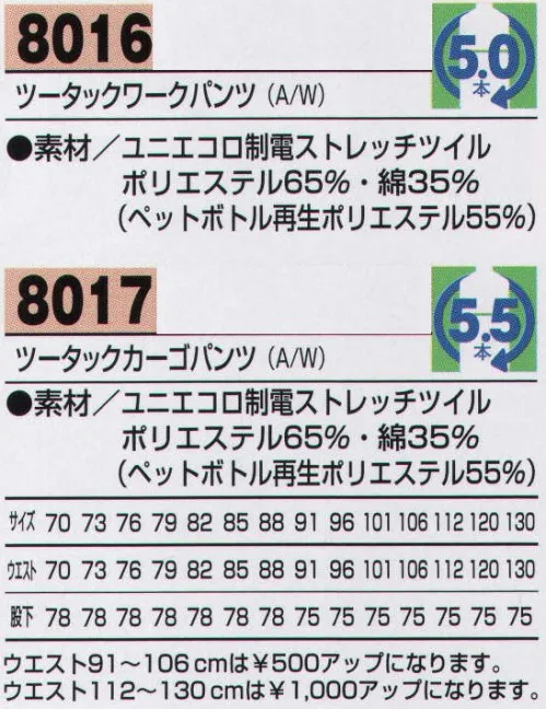 アルトコーポレーション 8016 ツータックワークパンツ しなやかな動きは心地よさにあふれ、ハードな状況でも力を発揮するタフなヤツ。優れた伸縮性、制電性の地球に優しいエコ商品。ストレッチ素材なので動きやすく快適です。地球に優しい再生繊維を使用したエコ対象商品です。裏側に導電性繊維「メガIII」を使用。優れた導電性によって生地が静電気を帯びるのを防止します。T8118の静電気帯電防止作業服基準に適合した商品なので、静電気も少なく安心です。 サイズ／スペック