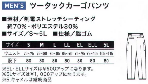 アルトコーポレーション 9807 ツータックカーゴパンツ 抗菌・防臭加工、ストレッチ効果抜群！幅広い抗菌効果、微生物の生育を抑え悪臭を追放！肌触りが良く、着心地がソフトで、吸汗性・寸法安定性も優れています。【SKIETスキート】【Eminaエミナ】【TOYOBO】●東洋紡スキートは、ポリエステルスパンを芯に、その表面をコットンで包んだ二層構造糸です。表面がコットンですから肌ざわりが良く、着心地がソフトで、吸汗性にすぐれています。 芯がポリエステルスパンですからウォッシュ＆ウェア性にすぐれ、シワになりにくく、寸法安定性にすぐれ、型くずれしにくい素材です。 ●微生物の生育を抑え、悪臭を追放します。 幅広い抗菌効果により、清潔です。 皮膚刺激性から遺伝子に及ぼす影響に至るまで、数多くのテストで安全性を確認し、肌に優しく、安心です。 洗濯後も、優れた効果はほとんど変わりません。●ツータック。腰廻りの楽なツータック仕様。●右カーゴポケット。内側に携帯電話ポケット。●腰ポケット（back）フラップ付き。※「1 パープルブルー」、「2 ライトベージュ」、「4 スモークグリーン」、「100 ネイビー」は、販売を終了致しました。 サイズ／スペック