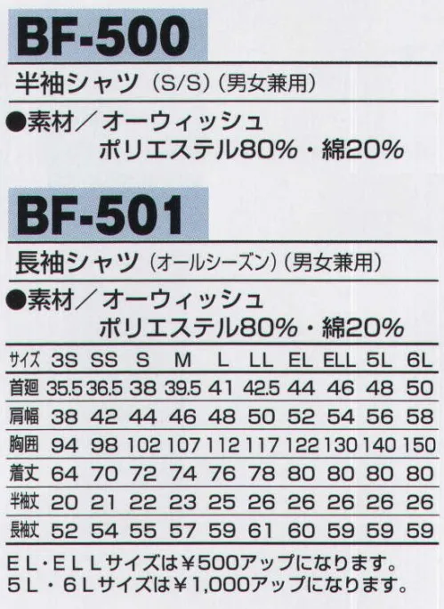 アルトコーポレーション BF-501 長袖シャツ 縮み・しわ・形くずれを防ぎ、シャープな印象をキープ。ソフトタッチな風合いとなめらかな肌触り、洗濯を繰り返しても防縮性や防シワ性に優れ、吸汗性と速乾性を備えており、快適な着心地を実現します。【TORAY】【Bodyfine】●オーウィッシュ。T8118の静電気帯電防止作業服基準に適合した商品なので静電気も少なく安心です。※レッドとブラックは「S-5L」までのサイズ展開となります。 サイズ／スペック