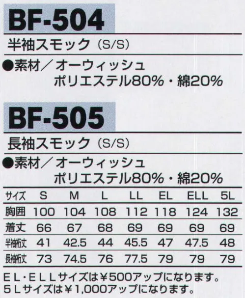 アルトコーポレーション BF-505 長袖スモック 縮み・しわ・形くずれを防ぎ、シャープな印象をキープ。ソフトタッチな風合いとなめらかな肌触り、洗濯を繰り返しても防縮性や防シワ性に優れ、吸汗性と速乾性を備えており、快適な着心地を実現します。【TORAY】【Bodyfine】●オーウィッシュ。T8118の静電気帯電防止作業服基準に適合した商品なので静電気も少なく安心です。 サイズ／スペック