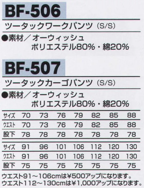 アルトコーポレーション BF-506 ツータックワークパンツ 縮み・しわ・形くずれを防ぎ、シャープな印象をキープ。ソフトタッチな風合いとなめらかな肌触り、洗濯を繰り返しても防縮性や防シワ性に優れ、吸汗性と速乾性を備えており、快適な着心地を実現します。【TORAY】【Bodyfine】●オーウィッシュ。T8118の静電気帯電防止作業服基準に適合した商品なので静電気も少なく安心です。※ブラックは「70-120cm」までのサイズ展開となります。 サイズ／スペック