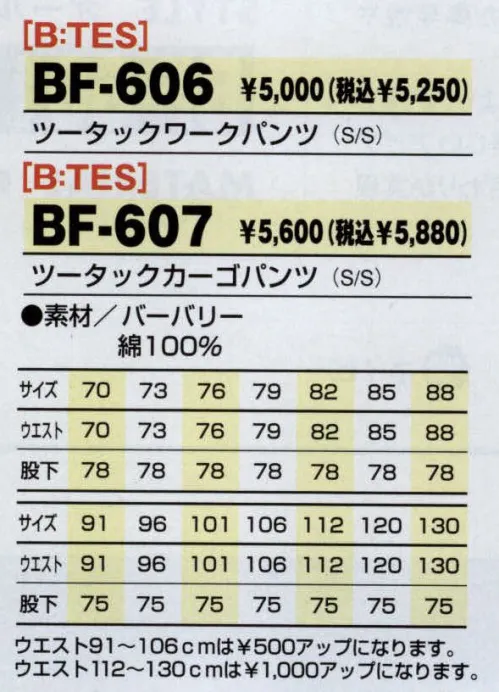 アルトコーポレーション BF-606 ツータックワークパンツ 縮みにくい！しわになりにくい！形が崩れにくい！ソフトタッチの風合いとなめらかな肌触り、洗濯を繰り返しても防縮性や防シワ性に優れ、吸汗性と速乾性を備えており、快適な着心地を実現します。●ソフトタッチの質感。ソフトタッチの風合となめらかな肌ざわり、ナチュラルなドレープ性を備えた、新しい質感のマテリアルを創造します。 ●イージーメンテナンス。洗濯を繰り返しても防縮性や防しわ性に優れ、高いW＆W性を保持。時代のライフスタイルに応えた、イージーメンテナンス素材を実現します。●着心地のよさ。従来のセルロース系繊維と比べ優れた吸汗性と速乾性を備えており、新時代の、快適な着心地を実現します。●液体アンモニア加工の特長。液体アンモニアによって繊維分子を膨潤させ、歪みのない繊維構造に。その結果、優れた弾発性やイージーケア性などが実現されます。繊維のストレス状態を開放することにより、平滑でクリーンな表面構造に。その結果、美しいアピアランスやソフトな風合い、なめらかな肌触りが実現されます。 サイズ／スペック