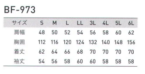 アルトコーポレーション BF-973 長袖ブルゾン（空調服）（ファン・バッテリー別売） 人気のBF-500シリーズの空調服™versionです。■空調服™とは…左右の腰の辺りに取り付けられた2基の小型ファンによって、服の中に外気を取り込み、汗を蒸発させることによる気化熱で身体を冷やし涼しく快適に過ごしていただくための商品です。■服内を駆け巡る風が、爽快感を生み出す人は体温が上がると脳が検知し、必要な量の汗を出します。汗が蒸発する際の気化熱で体温を下げる「生理クーラー®」と呼ばれるメカニズムは「汗を蒸発させるための仕組み」が備わることで、十分な効果を発揮することができるのです。空調服™は、ファンからの服の中に毎秒約3Lの外気が取り込まれます。取り込まれた空気は、服と体の間を平行に流れ、その過程でかいた汗を瞬時に蒸発させます。身体は気化熱により冷え、服の中を通った温かく湿った空気は襟元と袖口から排出されます。【調整紐】空気の流れる量が増え、涼しさが増大します。襟の内側にある調節紐をとめる事で、首元と空調服™の間に空気の通り道が生まれ、涼しく快適な環境を作ります。※「100 ネイビー」のみ6L展開あり【この商品単体ではご利用になれません。初回ご購入時には、別売りのファンユニットセットをあわせてご購入下さいませ。】 サイズ／スペック