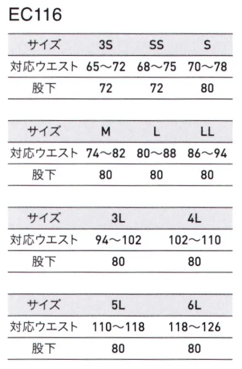 アルトコーポレーション EC116 冬ワークパンツ NEW STANDARD DEBUT!特殊な紙型設計と資材により、フレキシブルな運動性を実現する方式です。フルハーネス装着時でも高い運動性を実現。伸縮しやすくワーキングに適したスマートパンツ3S・SSサイズはレディースシルエットを採用。・帯電防止作業服のJIS規格であるJIS T8118規格に適合。・伸縮性に優れたストレッチ生地+ASSIST MOTION（ニットパーツ）で動きに制限無し。生地の伸縮率は20％以上。東レ エコディア®PETサマー裏綿使用 サイズ／スペック