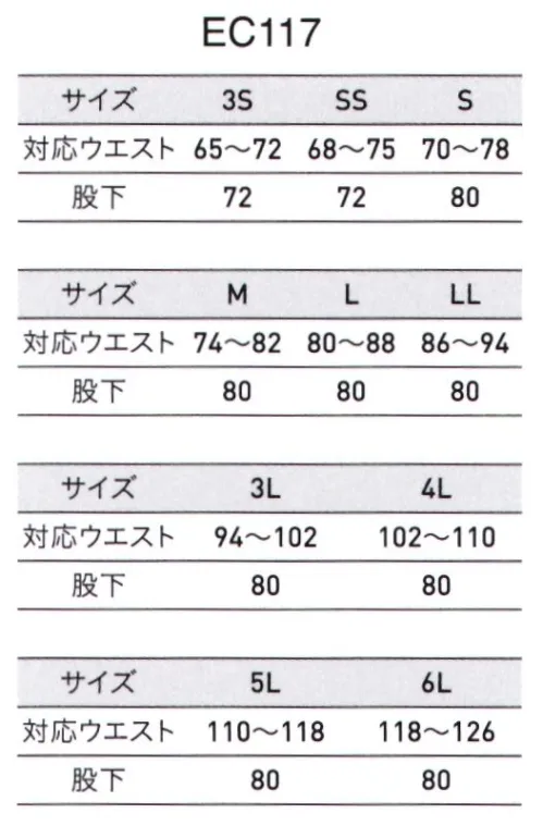 アルトコーポレーション EC117 冬カーゴパンツ NEW STANDARD DEBUT!特殊な紙型設計と資材により、フレキシブルな運動性を実現する方式です。フルハーネス装着時でも高い運動性を実現。伸縮しやすくワーキングに適したスマートパンツ3S・SSサイズはレディースシルエットを採用。・帯電防止作業服のJIS規格であるJIS T8118規格に適合。・伸縮性に優れたストレッチ生地+ASSIST MOTION（ニットパーツ）で動きに制限無し。生地の伸縮率は20％以上。東レ エコディア®PETサマー裏綿使用 サイズ／スペック