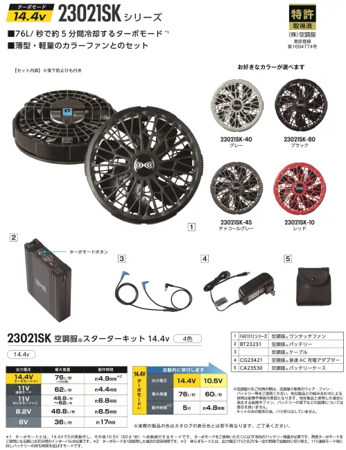 小倉屋 23021SK 空調服&reg;スターターキット 14.4V サイズ／スペック