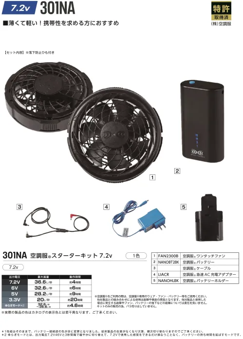 小倉屋 301NA 空調服&reg;スターターキット 7.2V サイズ／スペック