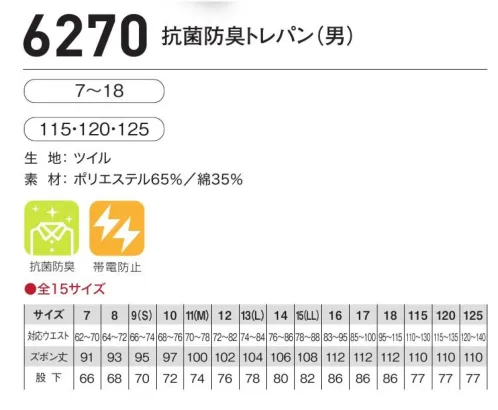 小倉屋 6270-B 抗菌防臭トレパン（男） 抗菌防臭・帯電防止繊維のプロホワイト。透けにくい、動きやすい、さらに帯電防止機能も万全。ホコリやゴミが付きにくく、抗菌性にも優れているから、クリーンな職場環境をキープします。確かなクリーン機能に加えて、活動性をアップ。毎日のアクティブな作業もスムーズに。●抗菌防臭素材日清紡「ピーチフレッシュ」繊維上のブドウ球菌の繁殖を抑え、防臭効果を発揮して製品をより清潔に保ちます。【特徴】ニオイを元からストップ。持続性のある効果。高い安全性。風合いはそのまま。●静電気帯電防止素材日清紡「スパークガード」カーボン繊維を織り込んで作り上げた制電性織物です。【特徴】制電性繊維のコロナ放電により静電気を空気中に追放します。着脱時の不快感や、まとわりつきと埃の付着など静電気障害を解決しました。●ヨコ糸、タテ糸に丈夫で透けにくい34双糸を仕様。●白さがUP。着用する人のイメージアップにもつながる白さを保っています。※他サイズは「6270」に掲載しております。 サイズ／スペック