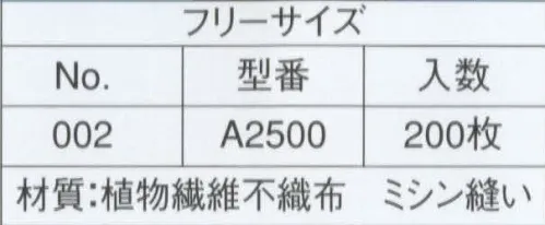 ライフ A2500 不織布使い捨てコック帽(NO.002)（200枚入り） 格安で使い捨て、いつも清潔なコック帽です。天然素材を使用しています。不織布は紙と布それぞれのよさを兼ね備えた素材です。軽量で柔軟性に富み、吸湿性・通気性・耐久性に優れています。ライフ・ハットのコック帽子に使われている不織布は、“人と地球環境にやさしい”レーヨン（天然素材）製不織布です。織布（しょくふ）とは織物のことで、織物は縦糸と横糸で編んだ物を言います。そして不織布とは文字通り、“織らない布”のことです。通常、織物は繊維・編み機にかけられて、縦糸や横糸を使い織られたり編まれたりしますが、不織布は繊維を均一に並べ、樹脂接着やプレス機械・高圧水流などにより、シート状にした物です。生産性が良く、様々な分野の製品に利用されています。※この商品は、ご注文後のキャンセル・返品・交換ができませんので、ご注意下さいませ。※なお、この商品のお支払方法は、先振込（代金引換以外）にて承り、ご入金確認後の手配となります。 サイズ／スペック