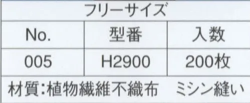 ライフ H2900 不織布使い捨てコック帽(NO.005)（200枚入り） 格安で使い捨て、いつも清潔なコック帽です。天然素材を使用しています。不織布は紙と布それぞれのよさを兼ね備えた素材です。軽量で柔軟性に富み、吸湿性・通気性・耐久性に優れています。ライフ・ハットのコック帽子に使われている不織布は、“人と地球環境にやさしい”レーヨン（天然素材）製不織布です。織布（しょくふ）とは織物のことで、織物は縦糸と横糸で編んだ物を言います。そして不織布とは文字通り、“織らない布”のことです。通常、織物は繊維・編み機にかけられて、縦糸や横糸を使い織られたり編まれたりしますが、不織布は繊維を均一に並べ、樹脂接着やプレス機械・高圧水流などにより、シート状にした物です。生産性が良く、様々な分野の製品に利用されています。※この商品は、ご注文後のキャンセル・返品・交換ができませんので、ご注意下さいませ。※なお、この商品のお支払方法は、先振込（代金引換以外）にて承り、ご入金確認後の手配となります。 サイズ／スペック