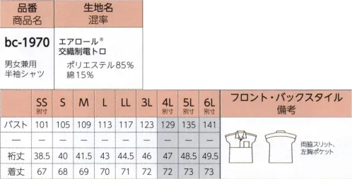 リミット BC-1970 男女兼用半袖シャツ 身頃と袖を別パーツにせず、胸元と肩口に切り替えを入れたことでドルマンスリーブのように袖ぐりがゆったり。動きやすく、着脱がラク。bc（born in japan × Contemporary Workリミットの原点である定番ユニフォーム生地を「ユニセックス」な黒色に染め、品格と効率を兼ね備えた、リミットこだわりのブラック基調ブランド。「季節」や「性別」「年齢」の区分けなく、「シームレス」に対応できるよう1枚でも、重ねて着ても、トータルコーディネイトしやすいアイテムを揃えました。屋内外問わず、これまでユニフォームがなかった多くのワーカーたちにフィットする、これからの企業ユニフォームです。※SSおよび4L～6Lサイズにつきましては受注生産となります。※この商品はご注文後のキャンセル、返品及び交換は出来ませんのでご注意下さい。※なお、この商品のお支払方法は、先振込（代金引換以外）にて承り、ご入金確認後の手配となります。 サイズ／スペック