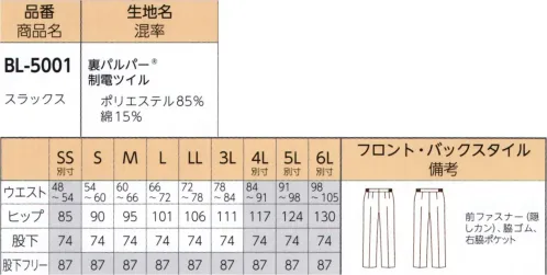 リミット BL-5001-B スラックス　4L(特注) ※この商品はご注文後のキャンセル、返品及び交換が出来ませんのでご注意くださいませ。※なお、この商品のお支払方法は、先振込（代金引換以外）にて承り、ご入金確認後の手配となります。※SSおよび4L～6Lサイズにつきましては受注生産となります。 サイズ／スペック