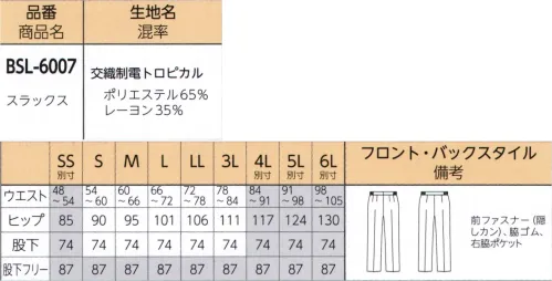 リミット BSL-6007-B スラックス　4L(特注) ※「3 ブルー」「7 カラシ」「9 グリーン」は、販売を終了致しました。※この商品はご注文後のキャンセル、返品及び交換が出来ませんのでご注意くださいませ。※なお、この商品のお支払方法は、前払いにて承り、ご入金確認後の手配となります。※SSおよび4L～6Lサイズにつきましては受注生産となります。 サイズ／スペック