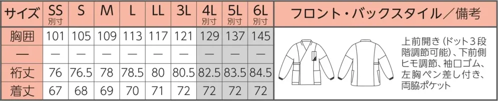 リミット G-2660 男女兼用作務衣 サイズ・スペック
