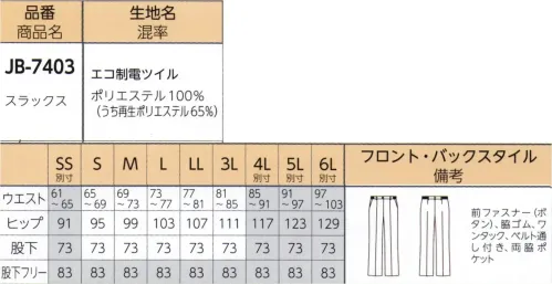 リミット JB-7403-C スラックス　5L(特注)～6L(特注) 抗菌より一歩進んだ「制菌」。まもられて、ずっと安心。衛生液。巷でよく耳にする「抗菌」は、あくまでもニオイ菌を抑えるための加工のこと。一方「制菌」は、繊維に付着した黄色ブドウ球菌、肺炎桿（カン）菌、緑膿菌、大腸菌など、からだに有害な菌の増殖を抑える加工。そもそも制菌加工が開発されたのは1990年代。院内感染をきっかけに、医療関係者の衣類に使われたのが始まりです。以来、衛生面を高く維持する制菌加工が浸透し、医療はもちろんスポーツの現場でも起用されてきました。このたび、ユニウェア®初！満を持して登場する「制菌」は、JTETC（一般社団法人繊維評価技術協議会）の認定基準に合格したSEKマークのお墨付き。繰り返し洗濯しても制菌加工の効果は損ないにくく、身の回りはずっと衛生的。介護やビルメンテナンスの現場にぴったりです。今までの認識を超えた、安心の一着です。※SSおよび4L～6Lサイズにつきましては受注生産となります。※この商品はご注文後のキャンセル、返品及び交換は出来ませんのでご注意下さい。※なお、この商品のお支払方法は、先振込（代金引換以外）にて承り、ご入金確認後の手配となります。 サイズ／スペック