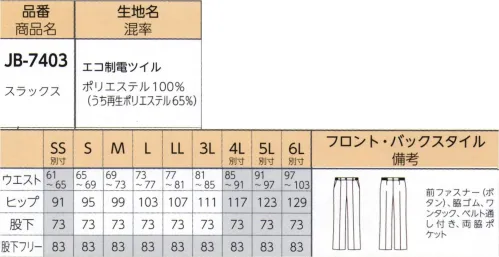 リミット JB-7403 スラックス 抗菌より一歩進んだ「制菌」。まもられて、ずっと安心。衛生液。巷でよく耳にする「抗菌」は、あくまでもニオイ菌を抑えるための加工のこと。一方「制菌」は、繊維に付着した黄色ブドウ球菌、肺炎桿（カン）菌、緑膿菌、大腸菌など、からだに有害な菌の増殖を抑える加工。そもそも制菌加工が開発されたのは1990年代。院内感染をきっかけに、医療関係者の衣類に使われたのが始まりです。以来、衛生面を高く維持する制菌加工が浸透し、医療はもちろんスポーツの現場でも起用されてきました。このたび、ユニウェア®初！満を持して登場する「制菌」は、JTETC（一般社団法人繊維評価技術協議会）の認定基準に合格したSEKマークのお墨付き。繰り返し洗濯しても制菌加工の効果は損ないにくく、身の回りはずっと衛生的。介護やビルメンテナンスの現場にぴったりです。今までの認識を超えた、安心の一着です。※SSおよび4L～6Lサイズにつきましては受注生産となります。※この商品はご注文後のキャンセル、返品及び交換は出来ませんのでご注意下さい。※なお、この商品のお支払方法は、先振込（代金引換以外）にて承り、ご入金確認後の手配となります。 サイズ／スペック