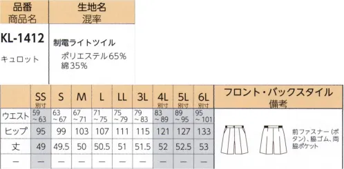 リミット KL-1412 キュロット 新時代のクリークルーのために。動きやすさと可愛さで、リミットでも人気のキュロットが新登場。≪開発スタッフの声≫制服としてはきやすい膝丈のキュロット。裾が広がり過ぎず、すっきり見えるシルエットです。カーゴパンツ（BL-1413）と同じ防汚・抗菌防臭機能付きの丈夫な生地を使用しています。※この商品はご注文後のキャンセル、返品及び交換が出来ませんのでご注意くださいませ。※なお、この商品のお支払方法は、先振込（代金引換以外）にて承り、ご入金確認後の手配となります。※SSおよび4L～6Lサイズにつきましては受注生産となります。 サイズ／スペック