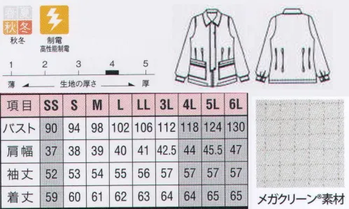 リミット L-2960 ジャケット 『高性能制電タイプ』 IEC-61340-5-1 基準値をクリアしています。精密機器メーカーなど、高い制電性が求められる職場に。脱ぎ着しやすいドットボタンを使用。制電効果は、厳しい規格をクリアした高性能タイプ。ファスナーのひっかかりを防ぐヒヨクタイプ、デザイン性にも優れています。ポケットもメガクリーン素材でしっかり制電。 ※この商品はご注文後のキャンセル、返品及び交換が出来ませんのでご注意くださいませ。※なお、この商品のお支払方法は、先振込（代金引換以外）にて承り、ご入金確認後の手配となります。※SSおよび4L～6Lサイズにつきましては受注生産となります。 サイズ／スペック