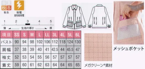 リミット L-2980 ジャケット 高機能制電素材「メガクリーン」を使用。薬品を扱う現場にもおすすめ。 『快適制電タイプ』 JIS T-8118 基準値をクリアしています。食品工場、トリマーなどホコリを嫌う全ての職場に。ポケットメッシュ部分以外はメガクリーン素材を使用しています。中身が見える便利なメッシュポケットの『あみポ』。リミットはポケットの表地メッシュ素材にこだわりました。メッシュでありながら、嫌な静電気やホコリがつくことがありません。『あみポ』はリミット株式会社の登録商標です。IEC規格はクリアしていません。 ※この商品はご注文後のキャンセル、返品及び交換が出来ませんのでご注意くださいませ。※なお、この商品のお支払方法は、先振込（代金引換以外）にて承り、ご入金確認後の手配となります。 ※SSおよび4L～6Lサイズにつきましては受注生産となります。 サイズ／スペック