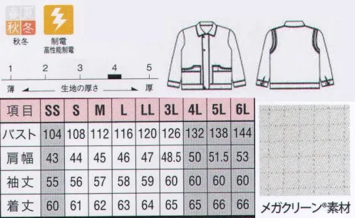 リミット M-2950 ブルゾン 『高性能制電タイプ』 IEC-61340-5-1 基準値をクリアしています。精密機器メーカーなど、高い制電性が求められる職場に。腕が動かしやすいノーフォークは共布仕様です。ポケットも共布でしっかり制電。便利なペン差し付。脱ぎ着しやすいドットボタンを使用。制電効果は、厳しい規格をクリアした高性能タイプ。ファスナーのひっかかりを防ぐヒヨクタイプ、デザイン性にも優れています。 ※この商品はご注文後のキャンセル、返品及び交換が出来ませんのでご注意くださいませ。※なお、この商品のお支払方法は、先振込（代金引換以外）にて承り、ご入金確認後の手配となります。※SSおよび4L～6Lサイズにつきましては受注生産となります。 サイズ／スペック