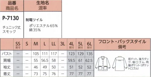 リミット P-7130 チュニック丈スモック 女性の作業に特に多い水仕事のときなど、袖口ゴムのデザインならサッと袖を上げられて便利です。作業中ポケットの中の物が落ちないように、ポケットにゴムをつけたタイプ。割烹着のように着やすく作業しやすい。ご採用データ・飲食店・グループホーム・食品加工場 など静電気による着脱時のパチパチ、身体へのまとわりつきを防止。ゴミやホコリを吸い寄せない。静電気を嫌う職場に。 「リフレッサ」ジュース・アイスクリーム・鉛筆などの汚れがつきにくく、汚れても家庭での洗濯で簡単に落とせる。肌にやさしい自然な風合い。※「8 イエロー」は、販売を終了致しました。※この商品はご注文後のキャンセル、返品及び交換が出来ませんのでご注意くださいませ。※なお、この商品のお支払方法は、先振込（代金引換以外）にて承り、ご入金確認後の手配となります。※4L～6Lサイズにつきましては受注生産となります。 サイズ／スペック