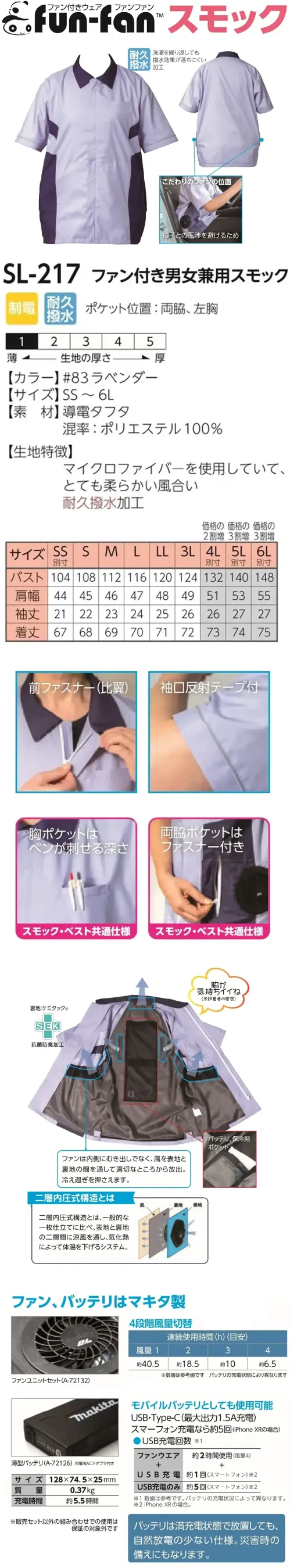 リミット SL-217 ファン付き男女兼用スモック 屋内外作業の熱中症対策に特徴・二層構造で涼風を通し、気化熱により冷えすぎを防止・椅子と干渉しにくいファン位置・前ファスナーは比翼仕様・袖口に反射テープ付きで視認性向上・胸ポケットはペンが挿せる深さ・両脇にファスナー付きポケット・内部にバッテリー・保冷剤用ポケットあり・洗濯しても撥水効果が持続する加工※SSおよび4L～6Lサイズにつきましては受注生産となります。※ご使用の際は、ファン（A-72132）およびバッテリー（A-72126）を別途ご用意のうえ、装着してからご着用ください。仕様品番:SL-217品名:ファン付き男女兼用スモック サイズ／スペック