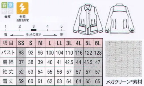 リミット SL-296 ジャケット 『高性能制電タイプ』 IEC-61340-5-1 基準値をクリアしています。精密機器メーカーなど、高い制電性が求められる職場に。背中部分には空気が通るベンチレイション、夏場も快適です。脱ぎ着しやすいドットボタンを使用。制電効果は、厳しい規格をクリアした高性能タイプ。ファスナーのひっかかりを防ぐヒヨクタイプ、デザイン性にも優れています。ポケットもメガクリーン素材でしっかり制電。 ※この商品はご注文後のキャンセル、返品及び交換が出来ませんのでご注意くださいませ。※なお、この商品のお支払方法は、先振込（代金引換以外）にて承り、ご入金確認後の手配となります。※SSおよび4L～6Lサイズにつきましては受注生産となります。 サイズ／スペック