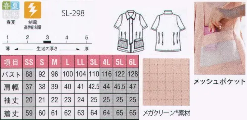 リミット SL-298 ジャケット 高機能制電素材「メガクリーン」を使用。薬品を扱う現場にもおすすめ。 『快適制電タイプ』 JIS T-8118 基準値をクリアしています。食品工場、トリマーなどホコリを嫌う全ての職場に。ポケットメッシュ部分以外はメガクリーン素材を使用しています。中身が見える便利なメッシュポケットの『あみポ』。リミットはポケットの表地メッシュ素材にこだわりました。メッシュでありながら、嫌な静電気やホコリがつくことがありません。『あみポ』はリミット株式会社の登録商標です。IEC規格はクリアしていません。 ※この商品はご注文後のキャンセル、返品及び交換が出来ませんのでご注意くださいませ。※なお、この商品のお支払方法は、先振込（代金引換以外）にて承り、ご入金確認後の手配となります。※SSおよび4L～6Lサイズにつきましては受注生産となります。 サイズ／スペック