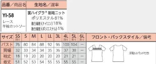 リミット YI-58-B レース半袖カットソー　4L(特注) 胸元のレースが華やかさを彩る。華美すぎないレースのあしらい。伸縮性があり、胸元にぴったりフィット。汗取りパッド付き。●ハイグラ®特殊吸水ポリマーをナイロンで被覆した吸放湿性の高い素材です。ワッフル調の凹凸感で肌へのべたつきも軽減。天然素材の様に汗や水蒸気を素早く吸収、すみやかに拡散・乾燥させます。※この商品はご注文後のキャンセル、返品及び交換が出来ませんのでご注意くださいませ。※なお、この商品のお支払方法は、先振込（代金引換以外）にて承り、ご入金確認後の手配となります。※SS、4L～5Lは受注生産になります。※受注生産品につきましては、ご注文後のキャンセル、返品及び他の商品との交換、色・サイズ交換が出来ませんのでご注意ください。※受注生産品のお支払い方法は、前払いにて承り、ご入金確認後の手配となります。 サイズ／スペック