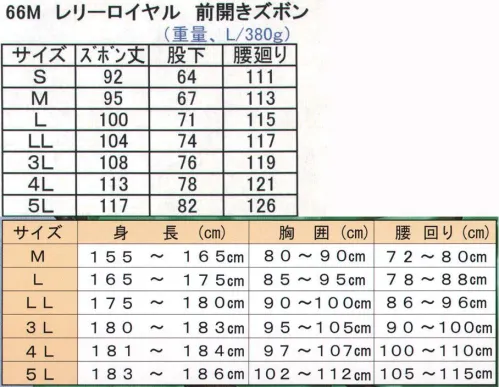 前垣 66-M レリーロイヤルライト 前開ベルト付ズボン（5着入）（受注生産） RELY ROYAL 66【ライト＆タフネス】強力防水プロ仕様 レリーロイヤル 作業用雨合羽。 強力な防水を長く維持する為、糸ミシンを使用しない融着縫製を採用。脅威の軽さを兼ね備えた、裏サラサラ感の片面生地使用（0．25mm厚）。お尻部分が裂けにくい、余裕の有るサイズ。豊富なカラーバリエーション。 ●裏サラサラで軽くて強い。 ●ウェルダー縫製で強力防水。 ●耐寒性・耐水性に富みソフト。 ●裏生地はポリエステル100％。 ●日本製。 ※この商品は上下別売りになります。※5枚入りの販売です。※この商品は受注生産になります。※受注生産品につきましては、ご注文後のキャンセル、返品及び他の商品との交換、色・サイズ交換が出来ませんのでご注意ください。※受注生産品のお支払い方法は、先振込（代金引換以外）にて承り、ご入金確認後の手配となります。 サイズ／スペック