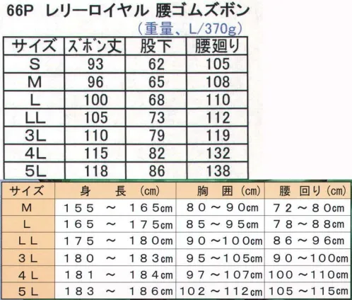 前垣 66-P レリーロイヤルライト 腰ゴムズボン RELY ROYAL 66【ライト＆タフネス】強力防水プロ仕様 レリーロイヤル 作業用雨合羽。 強力な防水を長く維持する為、糸ミシンを使用しない融着縫製を採用。脅威の軽さを兼ね備えた、裏サラサラ感の片面生地使用（0．25mm）。 お尻部分が裂けにくい、余裕の有るサイズ。豊富なカラーバリエーション。●裏サラサラで軽くて強い。 ●ウェルダー縫製で強力防水。 ●耐寒性・耐水性に富みソフト。 ●裏生地はポリエステル100％。 ●日本製。 ※この商品は上下別売りになります。※この商品はご注文後のキャンセル、返品及び交換は出来ませんのでご注意下さい。※なお、この商品のお支払方法は、先振込（代金引換以外）にて承り、ご入金確認後の手配となります。 サイズ／スペック