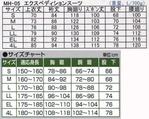 前垣 MH-05 エクスペディションスーツ（総メッシュ裏付）（上下セット） 地球にやさしいアウトドア派。快適・安全性・環境対応！！PU透湿防水。レインウェア。 ●ナイロンPUコーティング採用で、ダイオキシンや有害物質等が発生しにくい材料を使用しました。地球にも人にもやさしいレインウェアです。 ●ベストビジョンフードシステム採用により顔や頭の動きに合わせフードがスライドし、安全な視界を確保。 ●胸部に大型ポケット。 ●シームレスヒップ仕様によりヒップ部の縫い目をなくすことでより防水性を高めています。 ●ボトムフラップしようでズボンの裾が広がります。 ※耐水圧10000mm  ※透湿性2000g/㎡/24h ※アウトドア、通勤通学向け。 サイズ／スペック