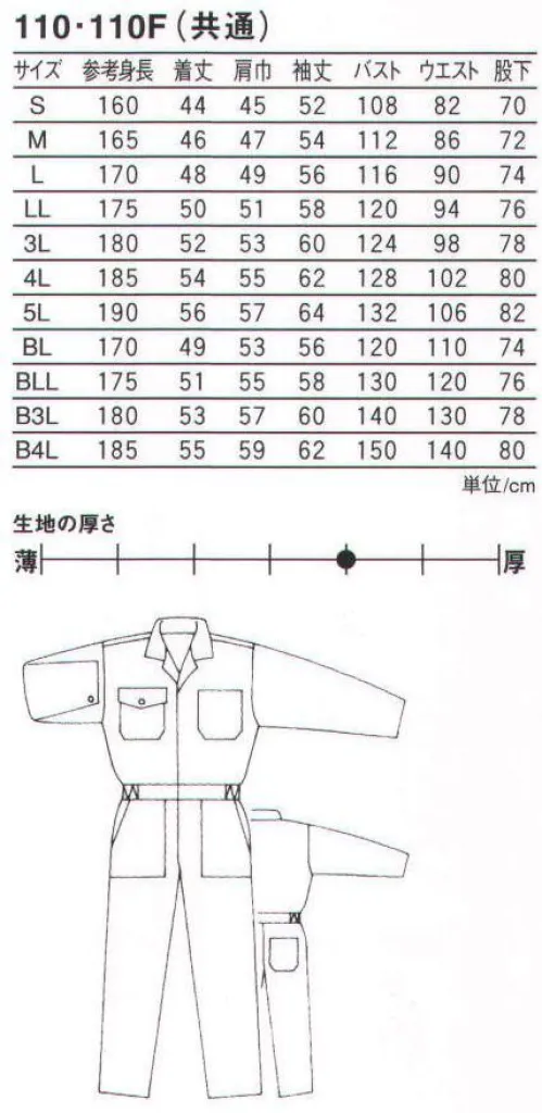 丸鬼 110F 長袖ツナギ（前ファスナータイプ） 本物品質にこだわった、国内染色コットン100％ギア。前ファスナータイプです。 ※この商品は、04番色ブルーのみになります。 サイズ／スペック