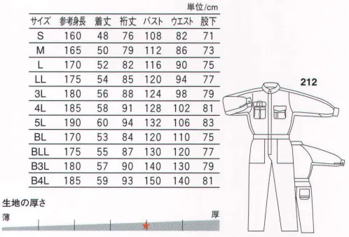 丸鬼 212 長袖ツナギ（ヒッコリーストライプ） タフなコットンツナギにVIVIDなツートンアイテム登場！ ※印刷の都合上、商品写真と実際の商品カラーとは多少異なっている場合があります。 サイズ／スペック