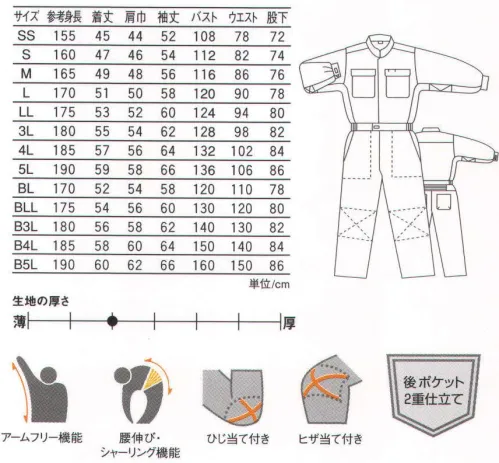 丸鬼 920 長袖ツナギ ひとクラス上の高品質、バリューアイテム。 ●後ポケット2重仕立て＆ひじ・ヒザ当て補強布付き。 ●カラー、サイズも充実。 サイズ／スペック