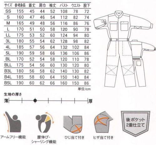 丸鬼 920 長袖ツナギ ひとクラス上の高品質、バリューアイテム。 ●後ポケット2重仕立て＆ひじ・ヒザ当て補強布付き。 ●カラー、サイズも充実。 サイズ表