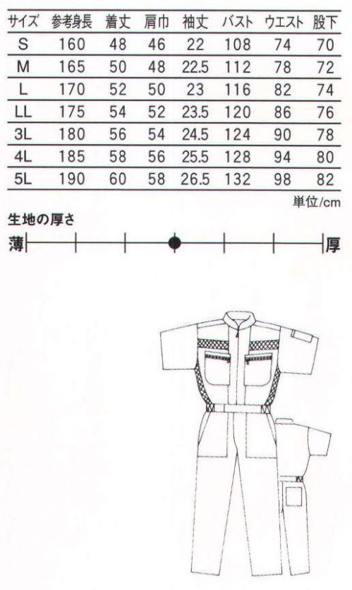 丸鬼 PS-103 半袖ツナギ さわやかな吸汗・速乾性に、安心の制電性をプラス。半袖と長袖タイプが選べる充実アイテム。 ※PS-113の半袖バージョン。 サイズ／スペック